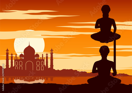 India Yogi perform yoga near famous landmark called Taj mahal on sunset time