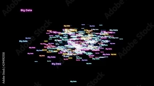 Big Data Wort Animation, neuronales Netz mit wechselnden Farben Datenverarbeitung und Textwolke sowie Informationsflut