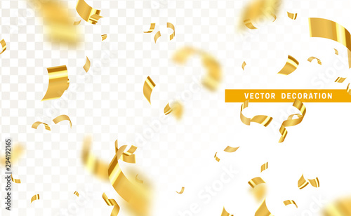 Falling shiny golden confetti isolated on transparent background. Bright festive tinsel of gold color.