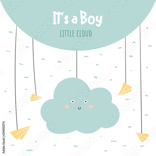 It's a boy baby shower card, postcard, poster for birthday with cloud, paper planes, sky.
