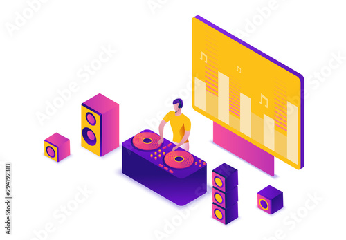 Party isometric concept, dj playing club disco music, 3d vector illustration, dancing people, nightclub, dance music, holiday event poster, corporate gig, violet, yellow, pink, clubbing cartoon men