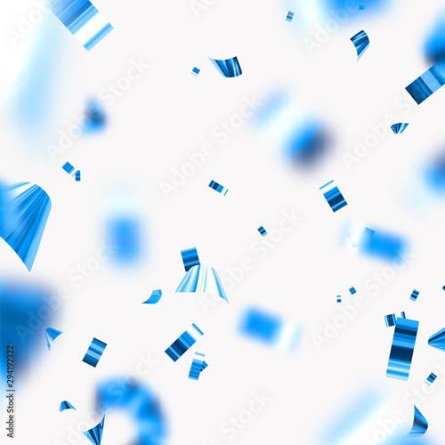 Falling shiny blue confetti isolated on white background. Bright festive tinsel of metallic blue electric shade color.