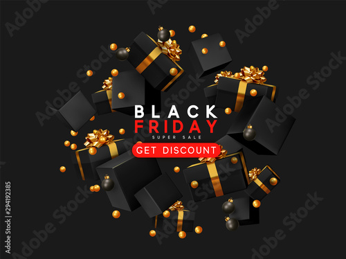 Black Friday Sale. Background with realistic gift boxes. 3d cubes and golden balls. Banner, poster, design objects swirl. vector illustration