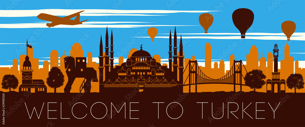 Turkey famous landmark sunset time silhouette design