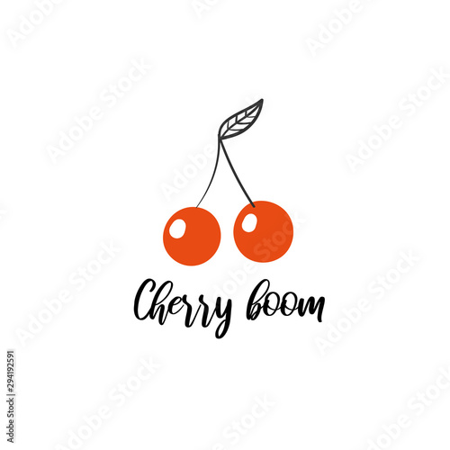 Cherry boom nursery, baby shower card, postcard, poster with red berry. Cute illustration for new born child, print