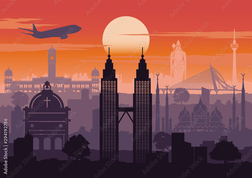Malaysia famous landmark silhouette style with row design on sunset time,vintage color
