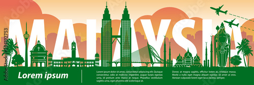 Malaysia famous landmark silhouette style,text within