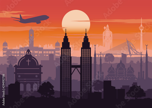 Malaysia famous landmark silhouette style with row design on sunset time,vintage color
