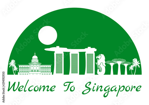 Singapore famous landmark silhouette style inside by green color half circle shape, text within