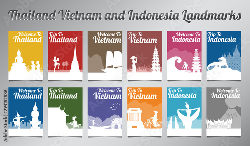 Thailand Vietnam and Indonesia famous landmark and symbol in silhouette design with multi color style brochure set