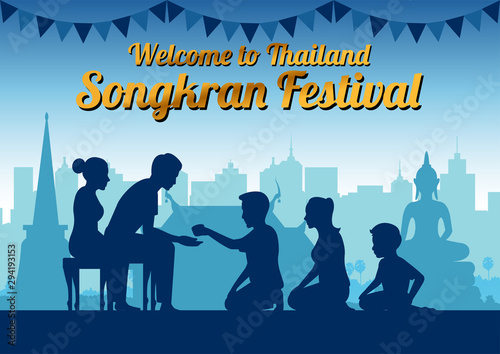 father mother and child pour water to grandparents to pay respect and bless in Song kran day famous festival of Thailand Loas Myanmar and Cambodia,new year,silhouette design
