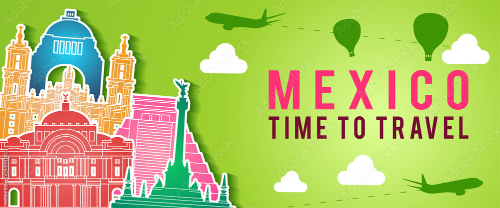 green banner of Mexico famous landmark silhouette colorful style,plane and balloon fly around with cloud