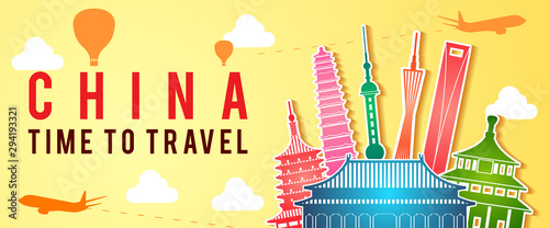 yellow banner of China famous landmark silhouette colorful style,plane and balloon fly around with cloud