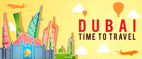 yellow banner of Dubai famous landmark silhouette colorful style,plane and balloon fly around with cloud