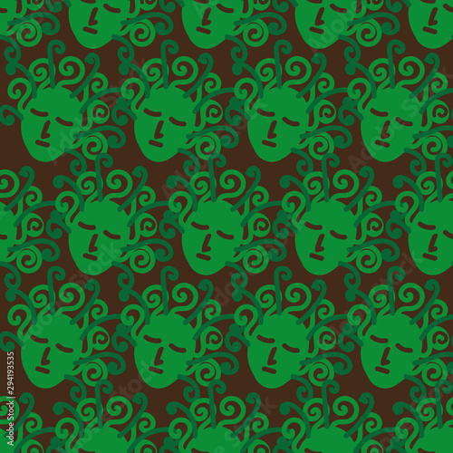 A seamless vector pattern with green sleeping medusa headson a dark background. Surface print design.