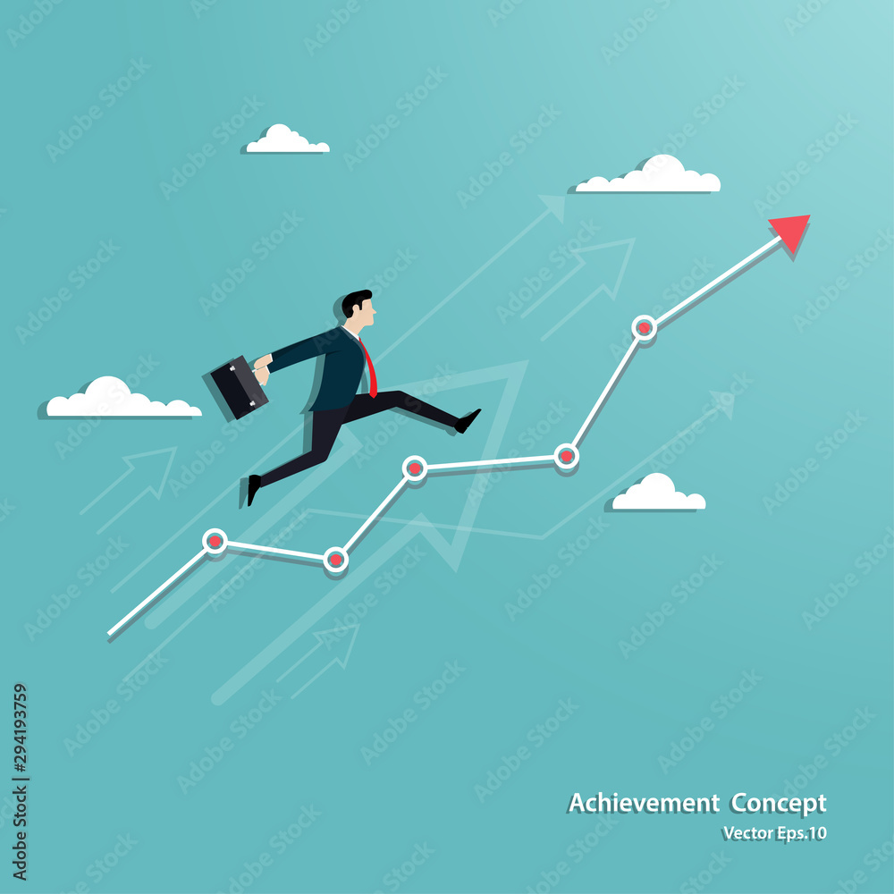 Businessman running on graph lines up to success Businessman running on graph lines up to success