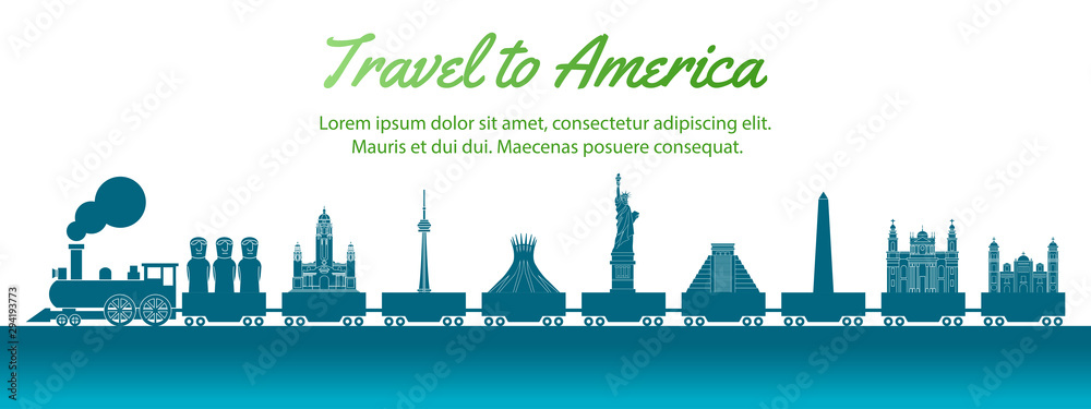 America landmark carried by train,concept art  silhouette style,vector illustration,green blue gradient