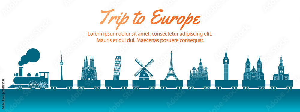 europe landmark carried by train,concept art  silhouette style,vector illustration,green blue gradient