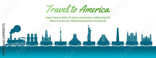 America landmark carried by train,concept art  silhouette style,vector illustration,green blue gradient