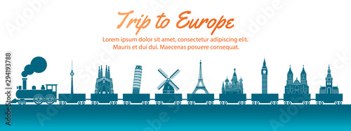 europe landmark carried by train,concept art  silhouette style,vector illustration,green blue gradient