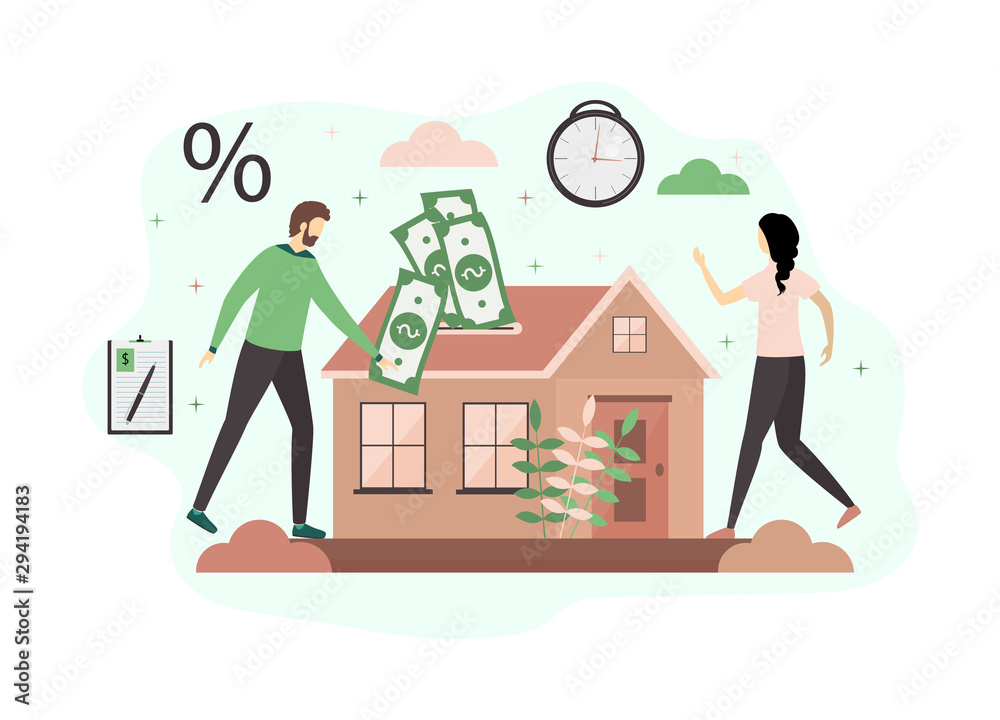The concept of buying a home, real estate on credit. A man and a woman sign a loan agreement and pay interest on the loan. Vector flat illustration isolated on white background. The concept of buying a home, real estate on credit. A man and a woman sign a loan agreement and pay interest on the loan. Vector flat illustration isolated on white background.