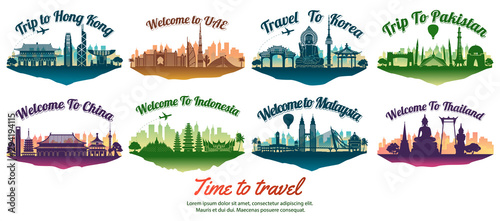bundle of famous landmark of the Asia with silhouette style on float island,travel and tourism