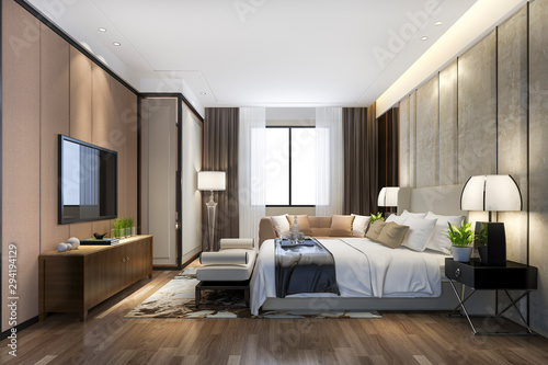 3d rendering beautiful luxury bedroom suite in hotel with tv and working table