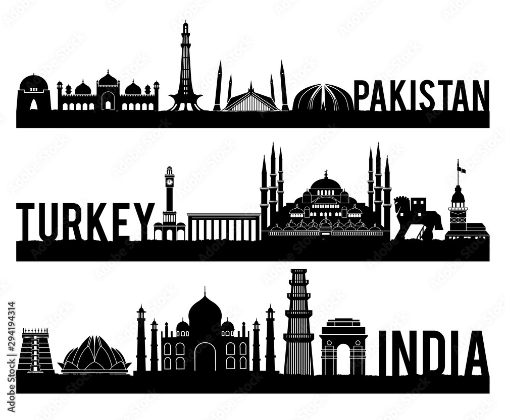 Pakistan Turkey India famous landmark silhouette style with black and white classic color design include by country name