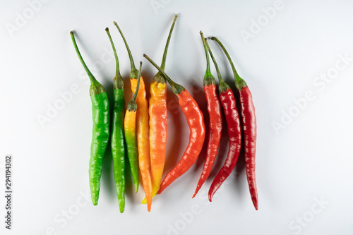 Chilli peppers of different colours and shapes