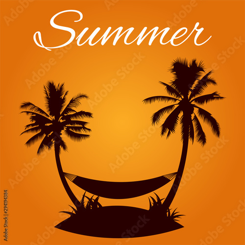 twin palm tree stand on island between hammock in summer theme of silhouette design