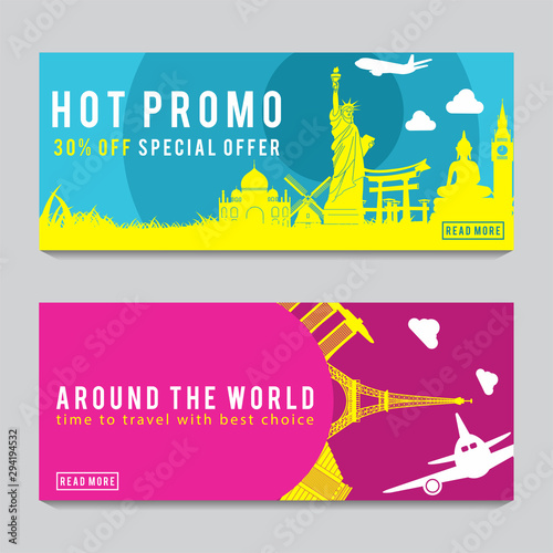 Bright and colorful promotion banner with pink and blue color for World travel,silhouette art design