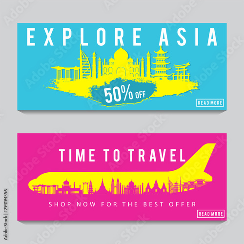 Bright and colorful promotion banner with pink and blue color for Asia travel,silhouette art design