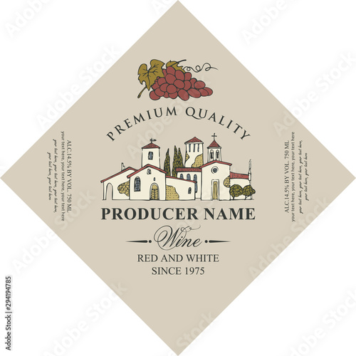 Vector diamond shaped label for red and white wine with hand-drawn landscape of the European village and bunch of grapes, in retro style on beige background.