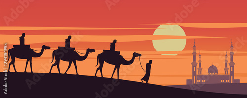 caravan Muslim ride camel to mosque of Dubai on sunset time,the tradition of Arabian,silhouette design