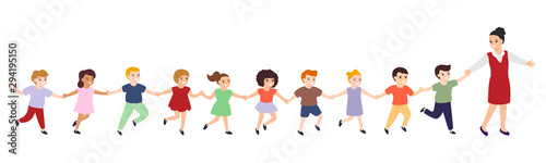 Group of cartoon happy children and educator. Girls and boys follow woman leader, hold hands. Cute diverse kids. Vector illustration