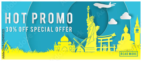 Travel promo banner with special price text and world famous landmarks in paper art design