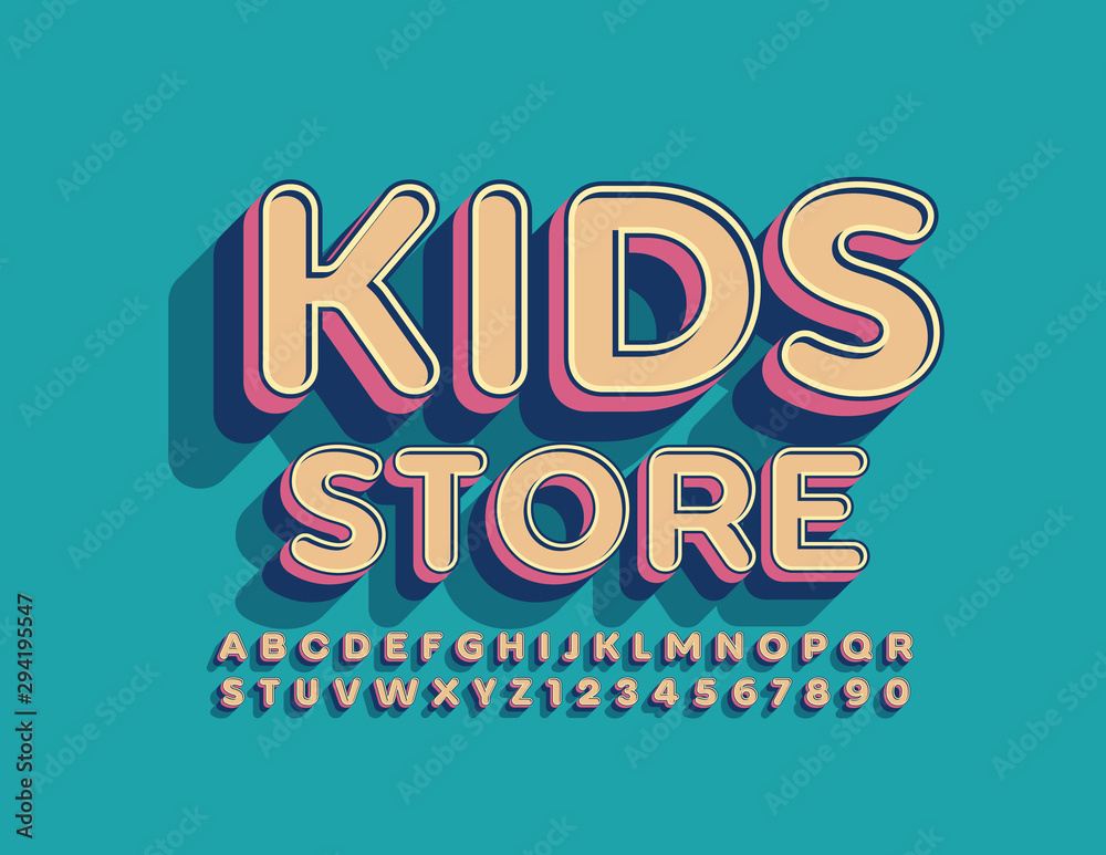 Vector bright logo Kids Store, 3D trendy Font. Set of Alphabet Letter, Numbers and Symbols