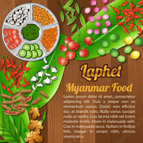 food ingredients elements set banner on wooden background,Myanmar