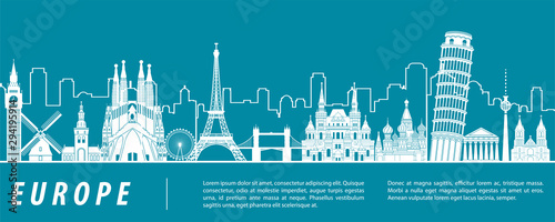 Europe famous landmark silhouette with blue green and white color design