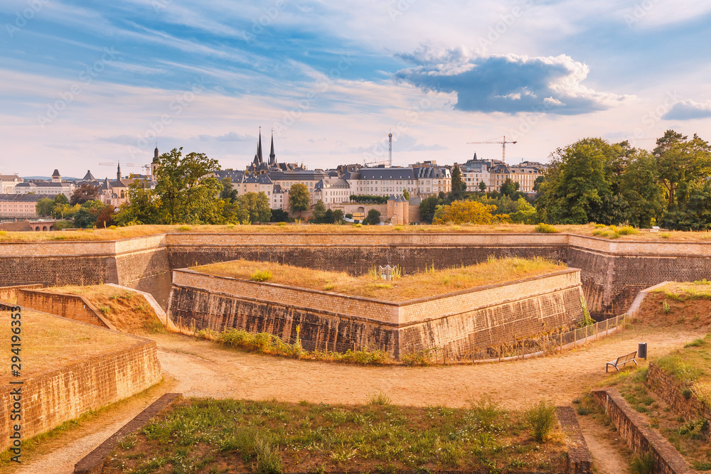 View of Fort Obergrunewald and panorama of Luxembourg city in the background