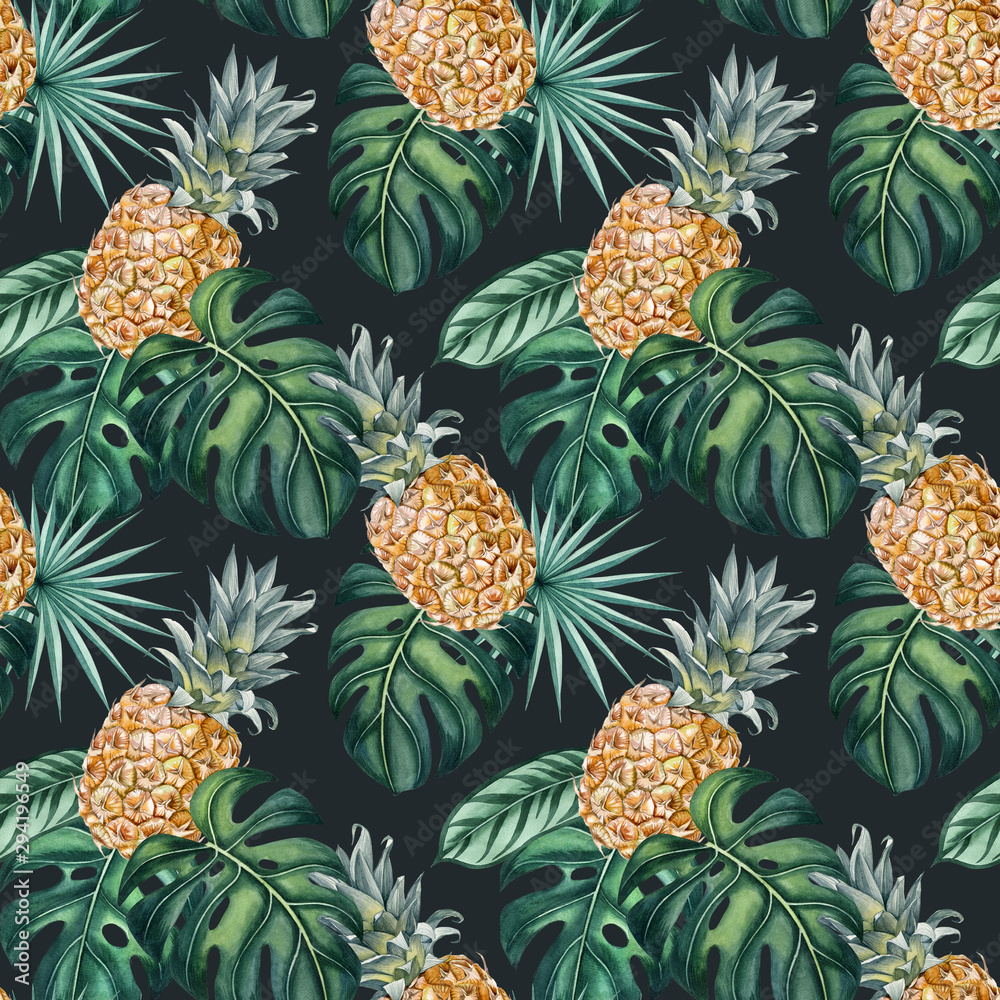 Naklejka tropical pattern with pineapple, palm leaves and monstera leaves. Can be used as print, packaging design, digital paper, fabric, textile, wallpapers and so on.