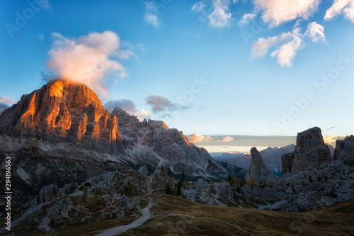 Mountain Cinque Torri (The Five Pillars) in sunrise , Dolomites, Italy