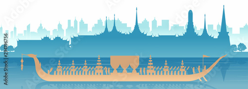 Silhouette scenery of royal Thai boat row in river in Bangkok,capital city of Thailand,hardly to seen ceremony