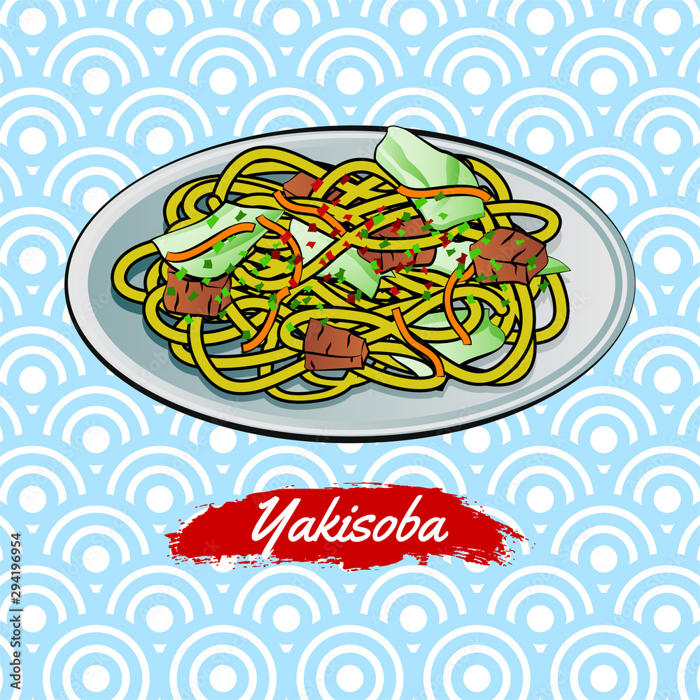 Set of delicious and famous food of Japanese,Yakisoba,in colorful gradient design icon