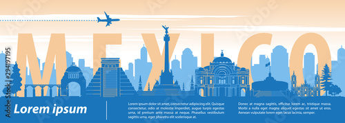 Mexico famous landmark silhouette style,text within,sunset time