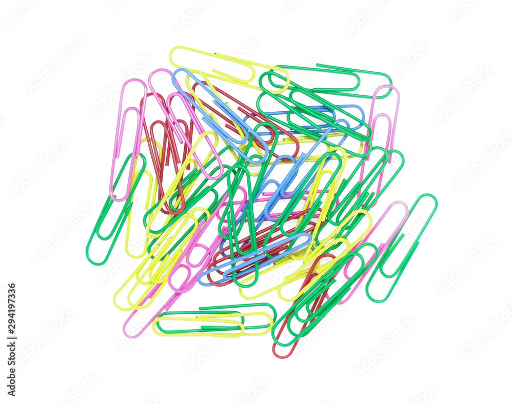 Series of colorful paper clips isolated on a white background. Decorative paper clips in pink, red, green, red and blue colors Series of colorful paper clips isolated on a white background. Decorative paper clips in pink, red, green, red and blue colors