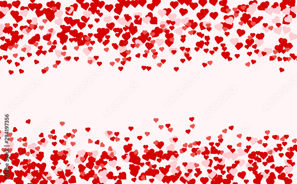Ruby red flying hearts bright love passion frame border background. Beautiful Confetti Hearts Falling.