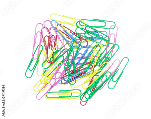 Series of colorful paper clips isolated on a white background. Decorative paper clips in pink, red, green, red and blue colors