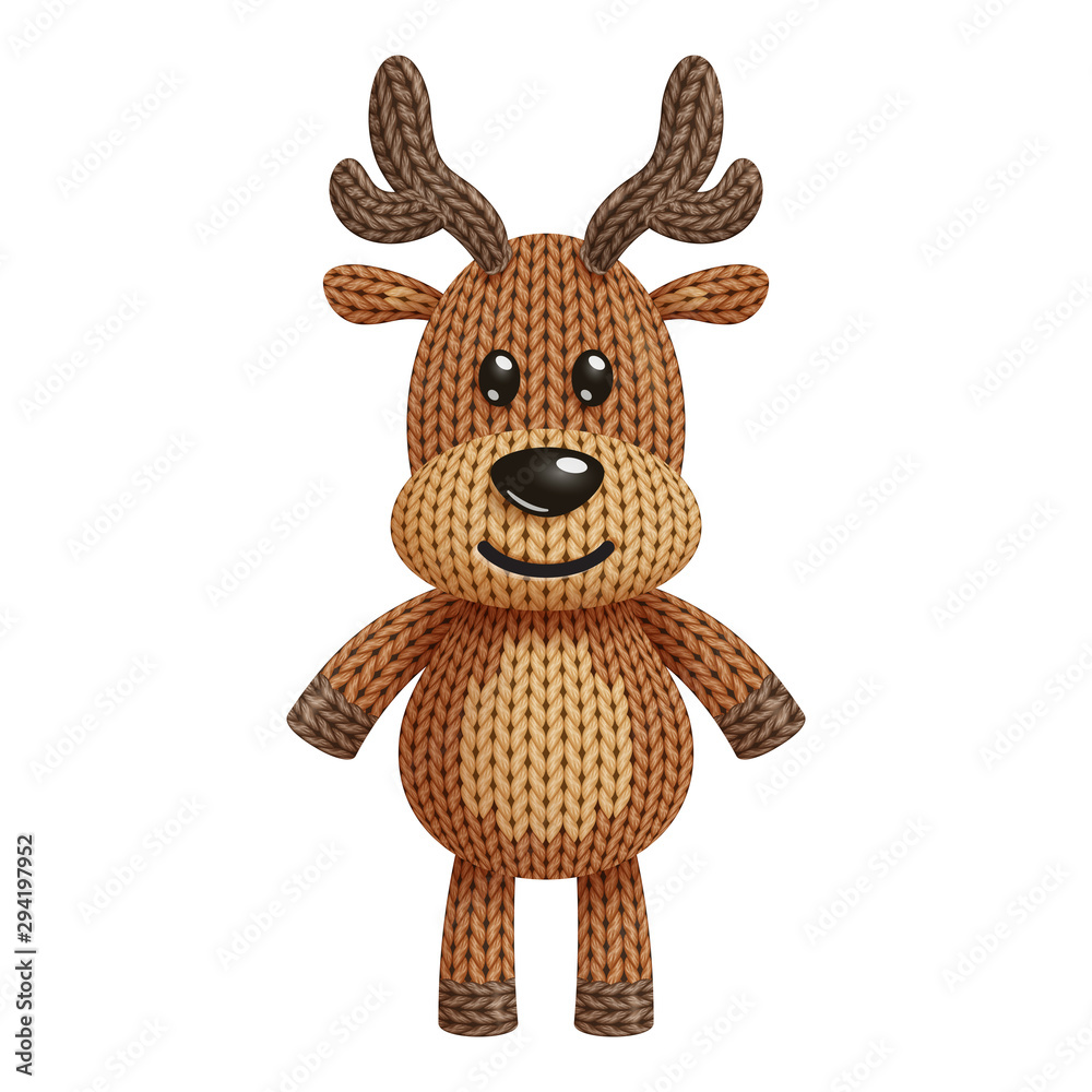 Illustration of a funny knitted reindeer toy. On white background