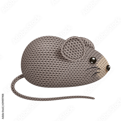 Illustration of a funny knitted mouse toy. On white background